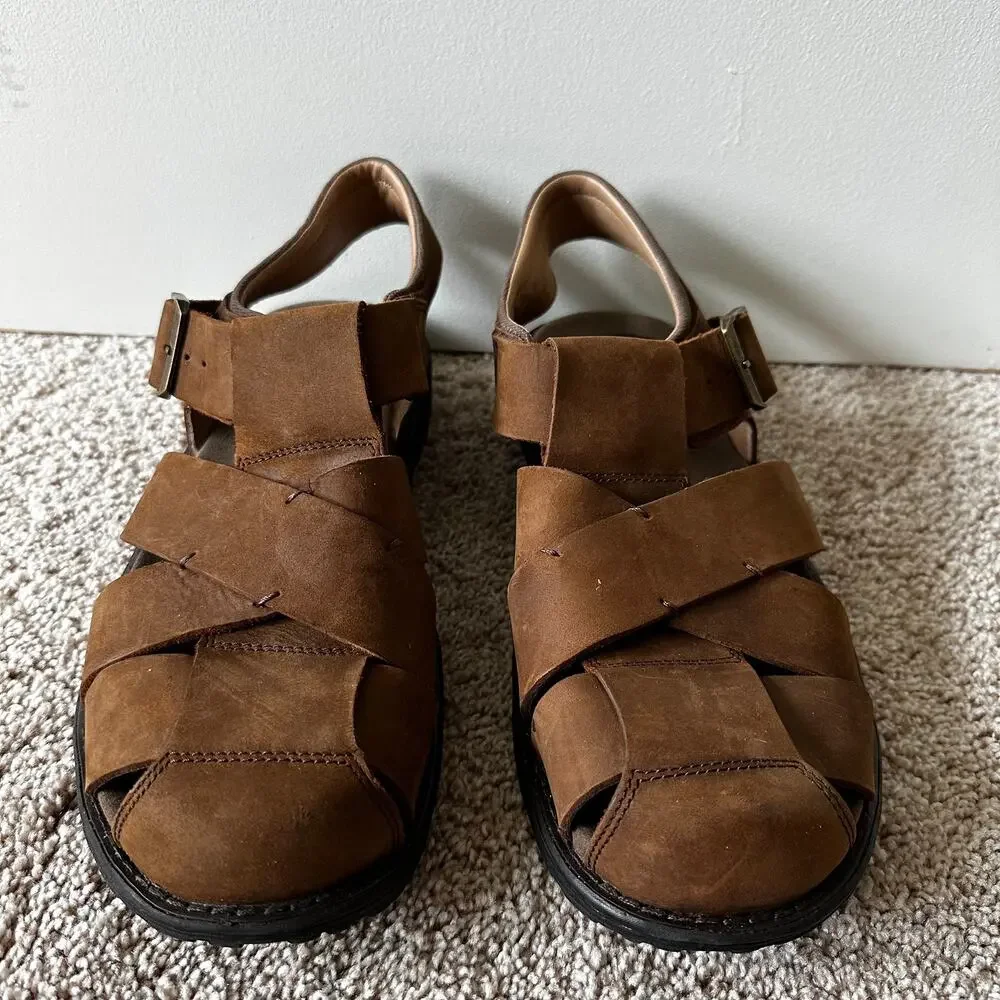 Abeo Brandon Neutral Leather Fisherman Sandals Leather Brown Mens 10 Bio Systems